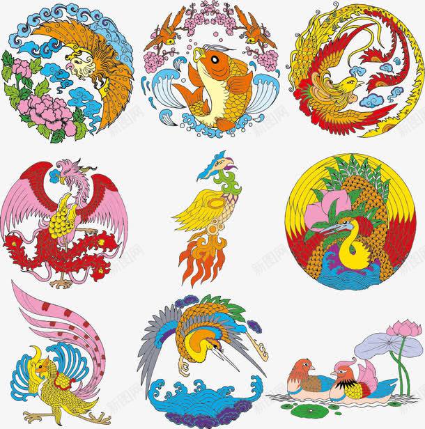 传统图案png免抠素材_新图网 https://ixintu.com 凤凰 吉祥图案 彩色手绘 荷花 装饰花纹 鸳鸯
