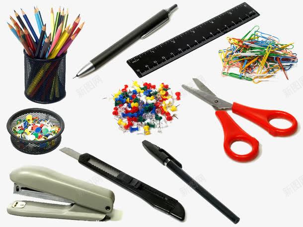 文具用品png免抠素材_新图网 https://ixintu.com 刀子 剪刀 卡通 圆珠笔 尺子 文体用品 文具 笔筒 订书机 铅笔
