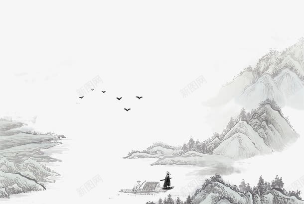 黑白山水png免抠素材_新图网 https://ixintu.com 人 复古 山水 灰色 画 秀丽 简约 颜色 风景 鸟