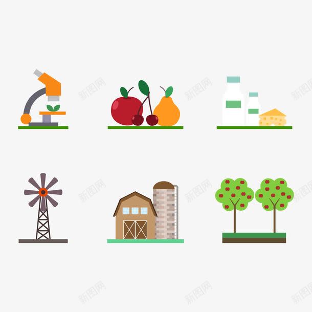 现代农业扁平图标png_新图网 https://ixintu.com 农业图标 扁平 果园 水果 牛奶 现代农业 谷仓 风车
