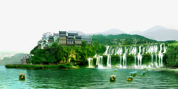 山水瀑布人家png免抠素材_新图网 https://ixintu.com 山水 山脉 房屋 树木 河水 流水 瀑布 瀑布流