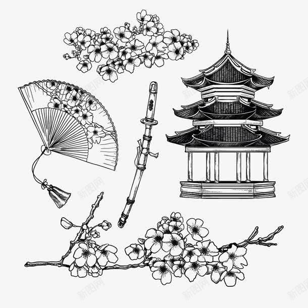 日本风俗png免抠素材_新图网 https://ixintu.com 刀剑 塔 樱花 武士