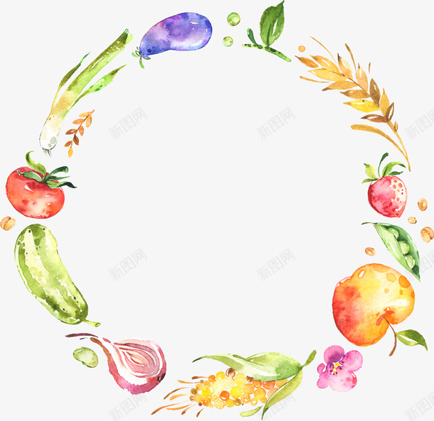 手绘水果蔬菜花环png免抠素材_新图网 https://ixintu.com 图案装饰 新鲜水果 洋葱 花环 苹果 茄子 蔬菜 西红柿