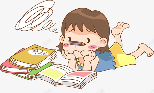卡通趴着看书的小女孩png免抠素材_新图网 https://ixintu.com 书本 书籍 孩子 小女孩 思考 水彩 看书 线圈