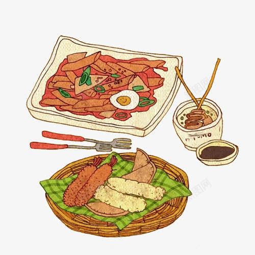 年糕特色小吃手绘画片png免抠素材_新图网 https://ixintu.com 手绘美食 炒年糕 炸年糕 炸鱿鱼 辣味