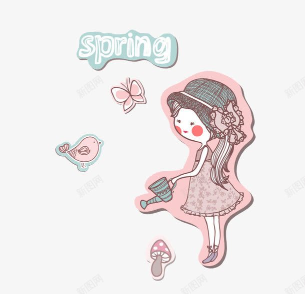 卡通手绘小姑娘浇花png免抠素材_新图网 https://ixintu.com 卡通手绘 小女孩 小姑娘 小鸟 春天 春季 浇水 浇花 穿裙子的小女孩 蘑菇 蝴蝶
