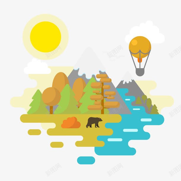 秋季黄色树木山丘河水风景矢量图ai免抠素材_新图网 https://ixintu.com 扁平 扁平山 河水 热气球 雪山 矢量图