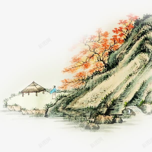 山水图png免抠素材_新图网 https://ixintu.com 亭子 人物 山坡 山水图 树 水