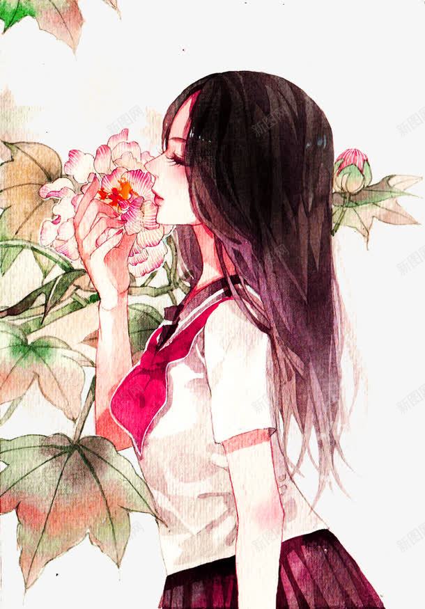 卡通手绘学生png免抠素材_新图网 https://ixintu.com 制服 手绘女孩 晒女 校服 盛开 美女闻花 花朵 闻花 领结