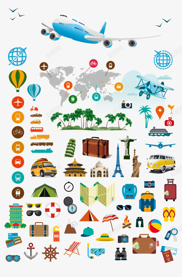 旅行系列合集图标png_新图网 https://ixintu.com 交通工具 图标 地图 景点 飞机