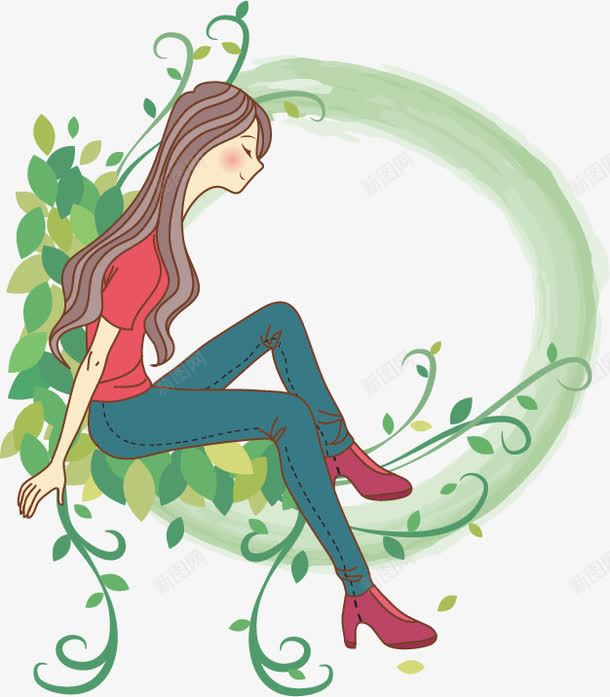 卡通美女png免抠素材_新图网 https://ixintu.com 卡通人物 封面设计 平面设计 彩色 手绘 清新 美女 背景素材 花藤 长发美女