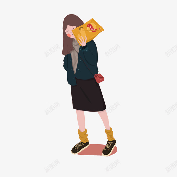 插画女生吃薯片png免抠素材_新图网 https://ixintu.com 卡通 吃薯片 女人 女生 学生 广告 插画 斜挎包 漫画
