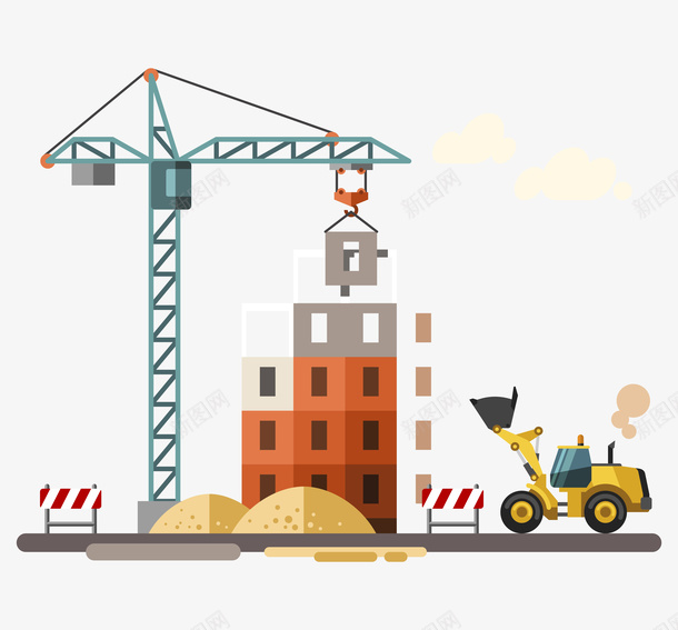 手绘卡通建筑工地png免抠素材_新图网 https://ixintu.com 卡通 吊车 建筑工地 扁平化 手绘 沙子 盖房子 铲车