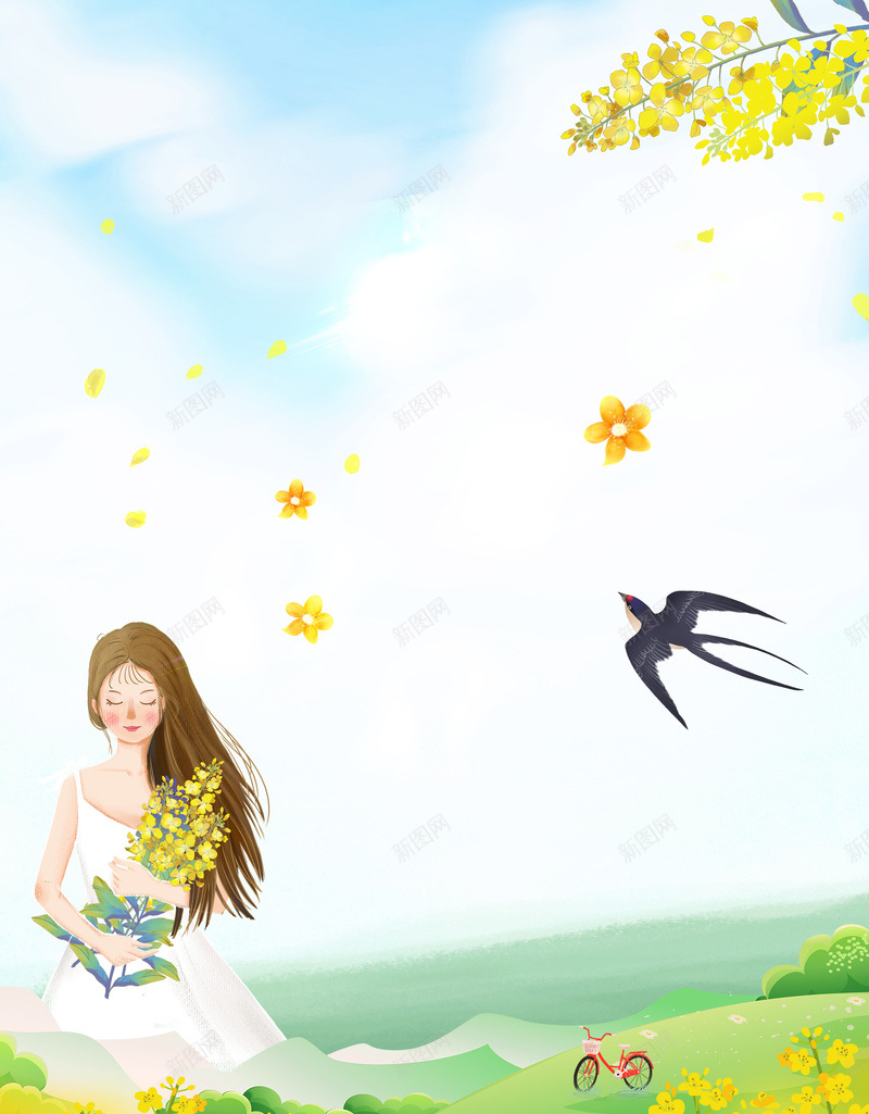 春游赏花海报背景图jpg设计背景_新图网 https://ixintu.com 人物 手绘人物 春游 油菜花 燕子 赏花 郊游