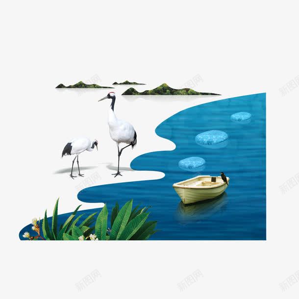 地产海景元素png免抠素材_新图网 https://ixintu.com 商业元素 植物 水草 湖畔 白鹤 矢量地产海景元素 绿色 蓝色湖水 远处大山