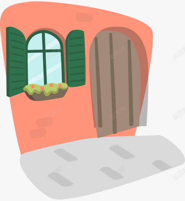 卡通手绘红色墙窗口街道木门矢量图ai免抠素材_新图网 https://ixintu.com 卡通的街道 手绘的木门 植物窗口 红色的墙 矢量图