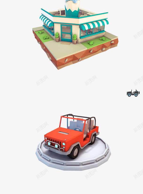 3D商店汽车悬浮岛png免抠素材_新图网 https://ixintu.com 3D立体悬浮岛屿 3D素材 c4d模型 商店 建筑 房屋 立体 网页设计素材