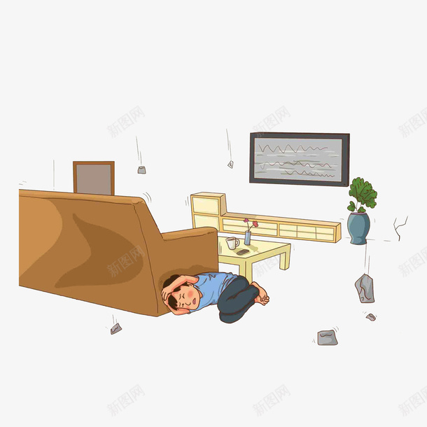 卡通地震发生时png免抠素材_新图网 https://ixintu.com 卡通地震 地震发生时 抱头躲避 掉落的石块 沙发 电视