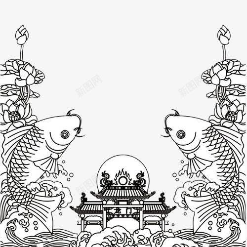 鲤鱼跳龙门png免抠素材_新图网 https://ixintu.com 水纹 波浪 海浪 红鲤鱼跃龙门 荷叶 荷花 跃龙门 金鱼 鱼 鱼跃龙门 鲤跃龙门 鲤鱼 鲤鱼跳龙门 黑白线稿 龙门