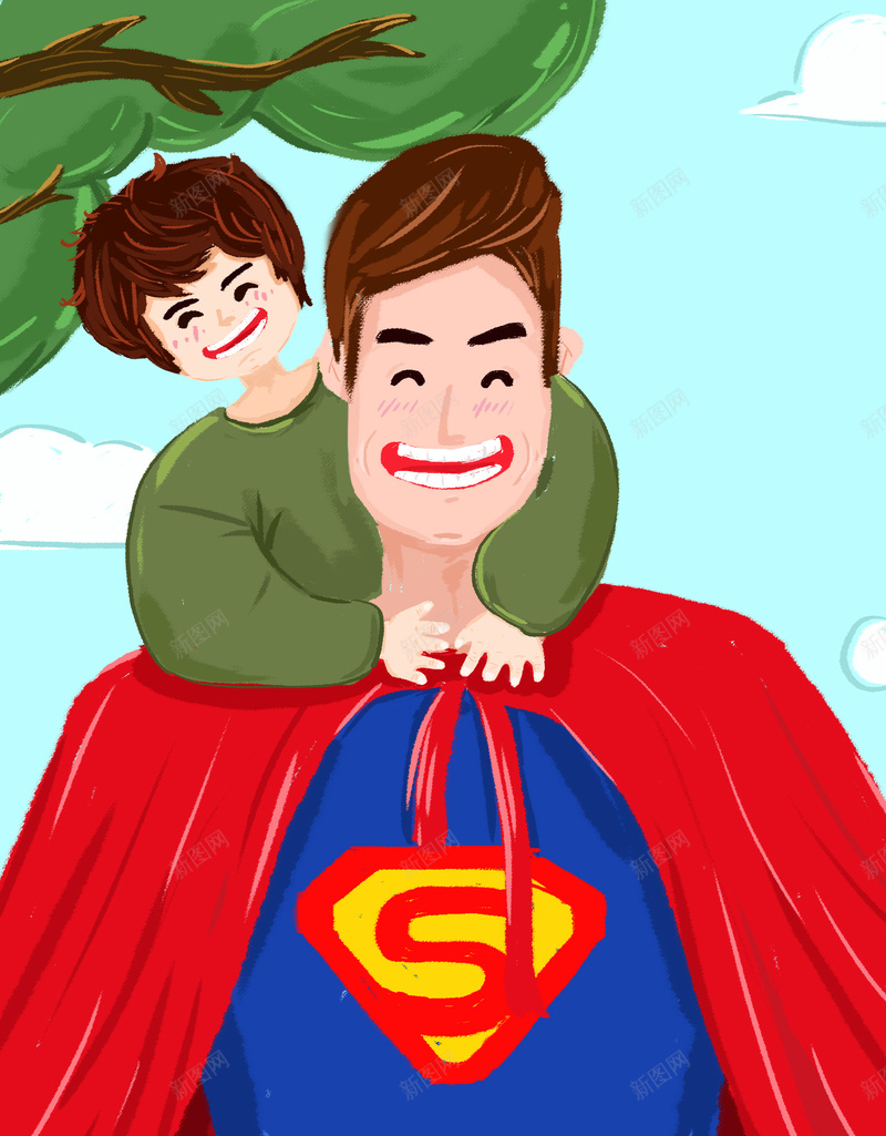超人爸爸手绘背景图psd设计背景_新图网 https://ixintu.com 云朵 天空 手绘人物 树 父子 爸爸超人 超人爸爸