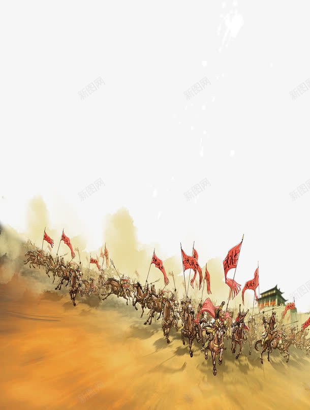 古代的战争png免抠素材_新图网 https://ixintu.com 卡通 城楼 战旗 战马 手绘 盔甲 红旗 马车