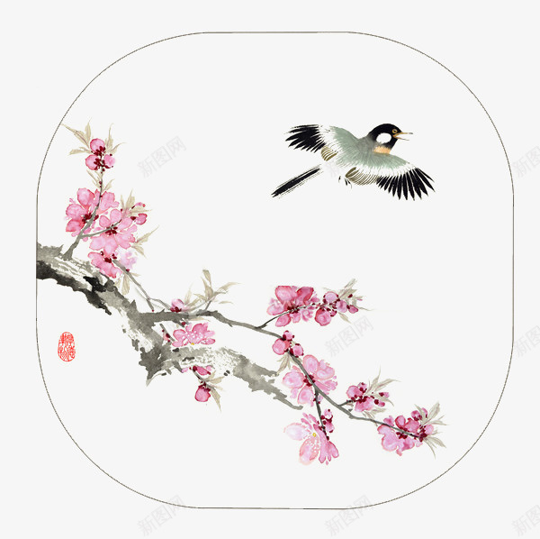 国画工笔桃花png免抠素材_新图网 https://ixintu.com 国画 国画桃花 小鸟 工笔 扇面 春天 枝叶 桃花 水墨 盛开 诗意