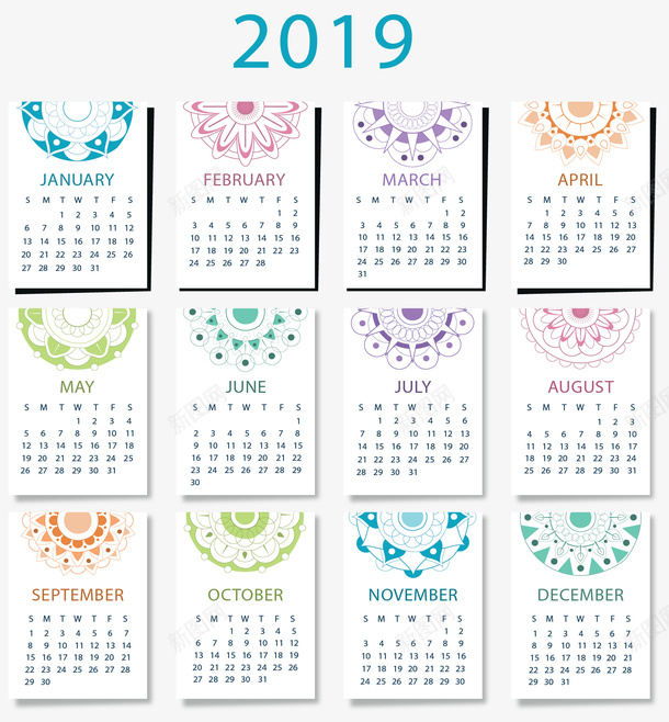 彩色花纹2019日历矢量图ai免抠素材_新图网 https://ixintu.com 2019年日历 2019日历 彩色花纹 日历 矢量png 矢量图