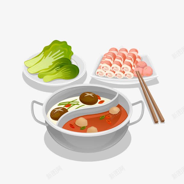 手绘火锅美食png免抠素材_新图网 https://ixintu.com 吃食 火锅 简约手绘 美食 美食涂鸦 肉 蔬菜 食物 鸳鸯锅