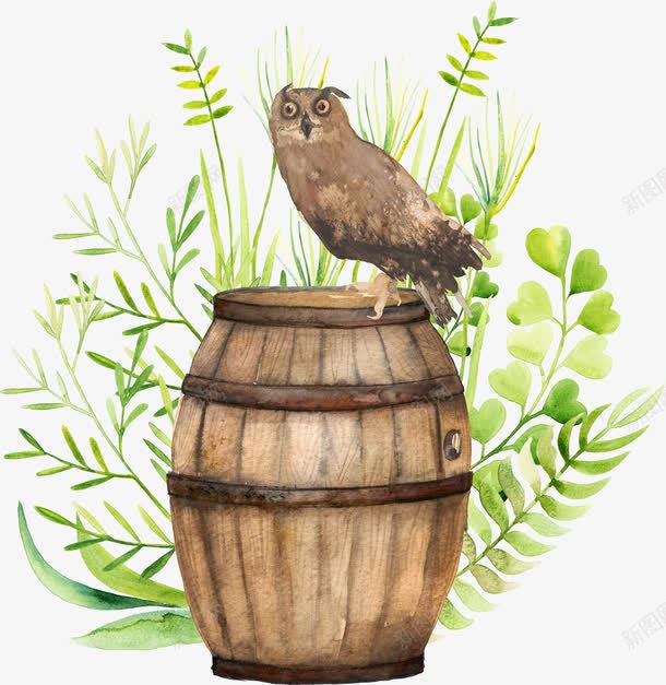 油桶猫头鹰png免抠素材_新图网 https://ixintu.com PNG 小清新 手绘 树叶 树枝 水彩 油桶 猫头鹰