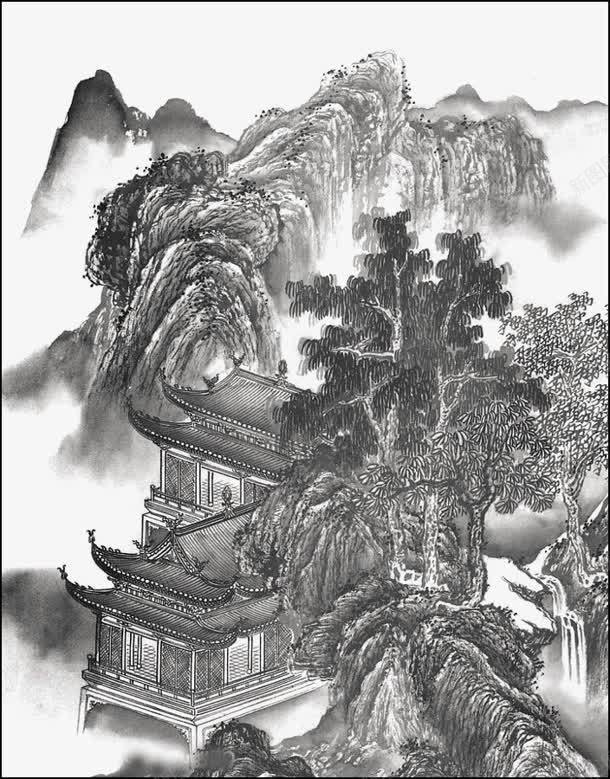 水墨山水画茂密的树庭院山峰png免抠素材_新图网 https://ixintu.com 山峰 山水画 庭院 水墨 茂密
