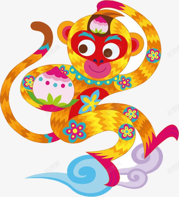 手拿蟠桃脚踩祥云的猴子png免抠素材_新图网 https://ixintu.com 动物 卡通 彩色 猴子 祥云 蟠桃