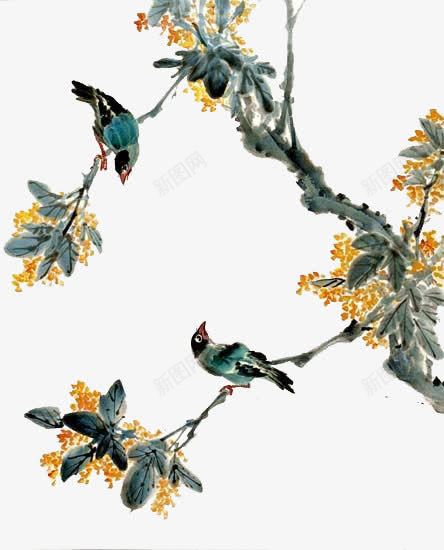 手绘花鸟图png免抠素材_新图网 https://ixintu.com 古风 大树 小清新 小鸟 桂花 花卉