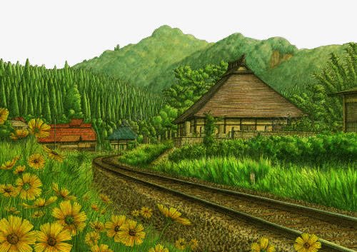 相间小镇插画png免抠素材_新图网 https://ixintu.com 小野花 小镇 插画 春天 春暖花开 村庄 绿色村庄 美景 野花 铁轨