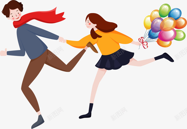 卡通手绘奔跑的情侣png免抠素材_新图网 https://ixintu.com 创意 动漫动画 卡通手绘 奔跑的情侣 气球 简约