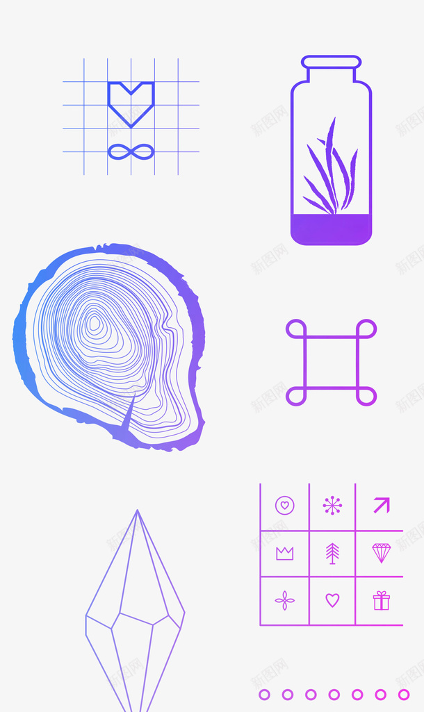 紫色渐变的装饰物图标png_新图网 https://ixintu.com 几何 卡通手绘 小图标 小圆点 树木 瓶子 装饰图