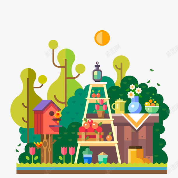 我的花园png免抠素材_新图网 https://ixintu.com 卡通 壁纸 封面 彩色手绘 插画 植物 绿色 花架