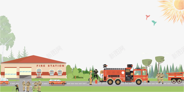 卡通手绘消防车与房屋png免抠素材_新图网 https://ixintu.com 创意 动漫动画 卡通手绘 卡通消防车 简约 美丽的房屋