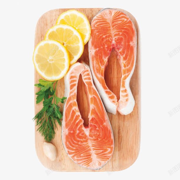 三文鱼肉png免抠素材_新图网 https://ixintu.com 三文鱼肉 卡通 柠檬片 案板 棕色 绿色 黄色