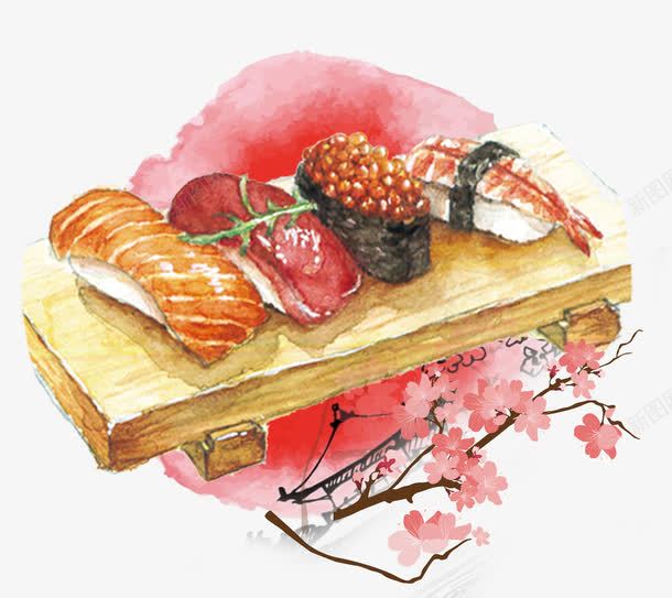 手绘木板上的日料寿司png免抠素材_新图网 https://ixintu.com 卷 寿司 寿司握 手绘 日 日料手绘 木板 樱花 生鱼片 虾
