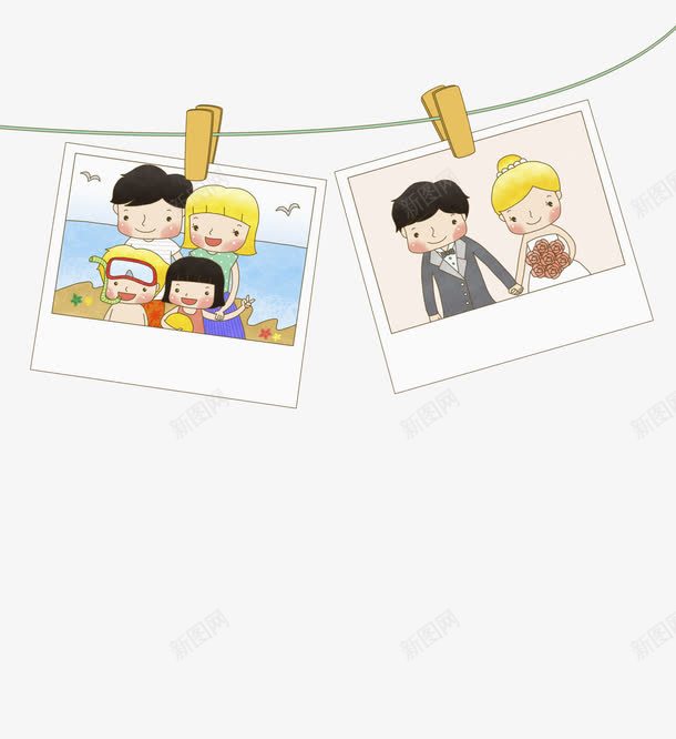 卡通招照片png免抠素材_新图网 https://ixintu.com 一家人 全家福 全家福照片 卡通 夹子 家庭照 手绘 水彩 照片 结婚照 绳子