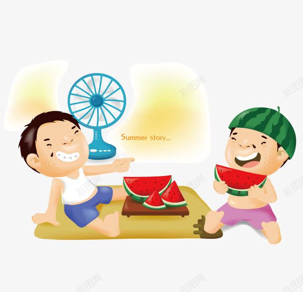 炎热的夏天png免抠素材_新图网 https://ixintu.com 吃西瓜 吹风 吹风扇 夏天 炎热卡通人物 矢量素材 风吹效果