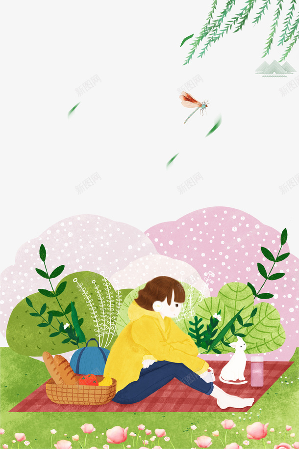 卡通手绘春游野炊海报插画psd免抠素材_新图网 https://ixintu.com 卡通手绘 地毯 女孩 春游 柳树 草地 踏青 野炊