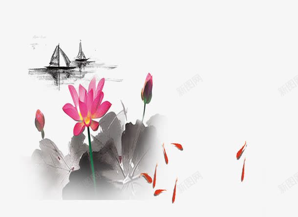 中国风水墨荷塘船只png免抠素材_新图网 https://ixintu.com 中国风 古画山水 古风 平面装饰 水墨船只 水墨荷花 红色金鱼