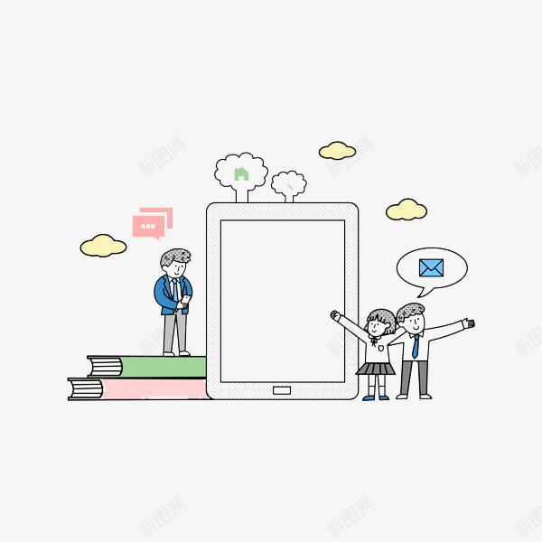 水彩学生和智能手机png免抠素材_新图网 https://ixintu.com 书本 书籍 卡通手绘 学生 孩子 对话框 智能手机 水彩