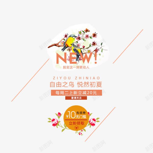 自由之鸟悦然初夏png免抠素材_新图网 https://ixintu.com 优惠券 促销 女装 字体 文字排版 淘宝文字描述 满立减 艺术字 衣服