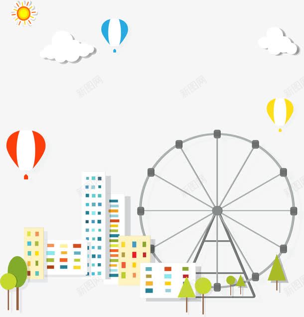 城市小清新卡通矢量图eps免抠素材_新图网 https://ixintu.com 云朵 城市 太阳 摩天轮 树 气球 街道 矢量图