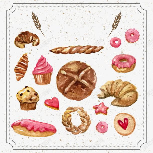 水彩绘烘焙食物矢量图ai免抠素材_新图网 https://ixintu.com 手绘 水彩画 甜甜圈 蛋糕 面包 食物 矢量图