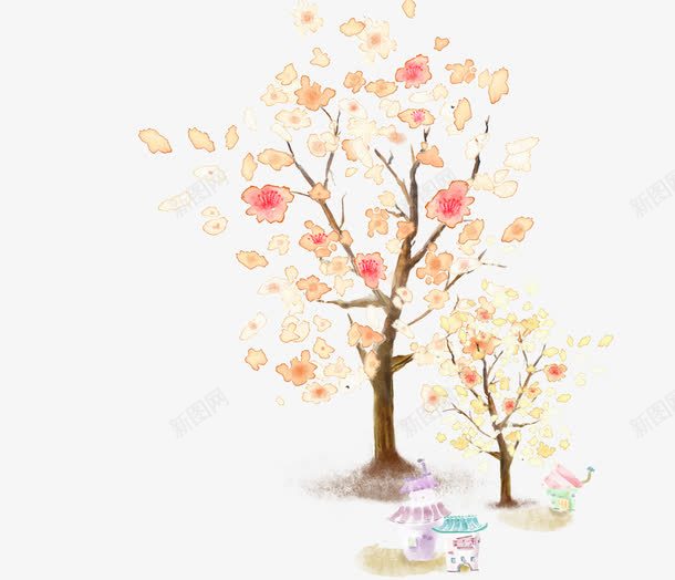 手绘树下的房子psd免抠素材_新图网 https://ixintu.com 卡通房子 咖色 唯美 墨点 墨迹 大树 开花 插画 水彩 粉色 绘画 花卉 花朵 花瓣