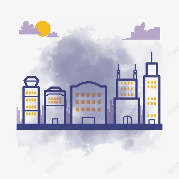 卡通雾霾psd免抠素材_新图网 https://ixintu.com 房子 线条 蓝色 雾气 雾霾城市