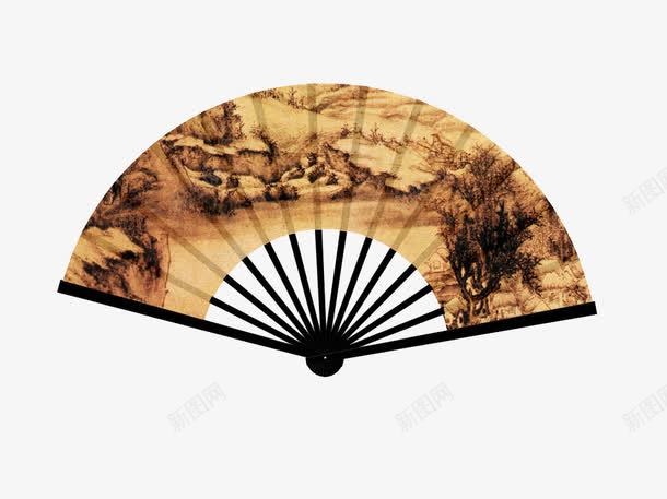 手绘山水画复古纸质折扇png免抠素材_新图网 https://ixintu.com 中国风复古 山水画 手绘 折扇 插图 装饰